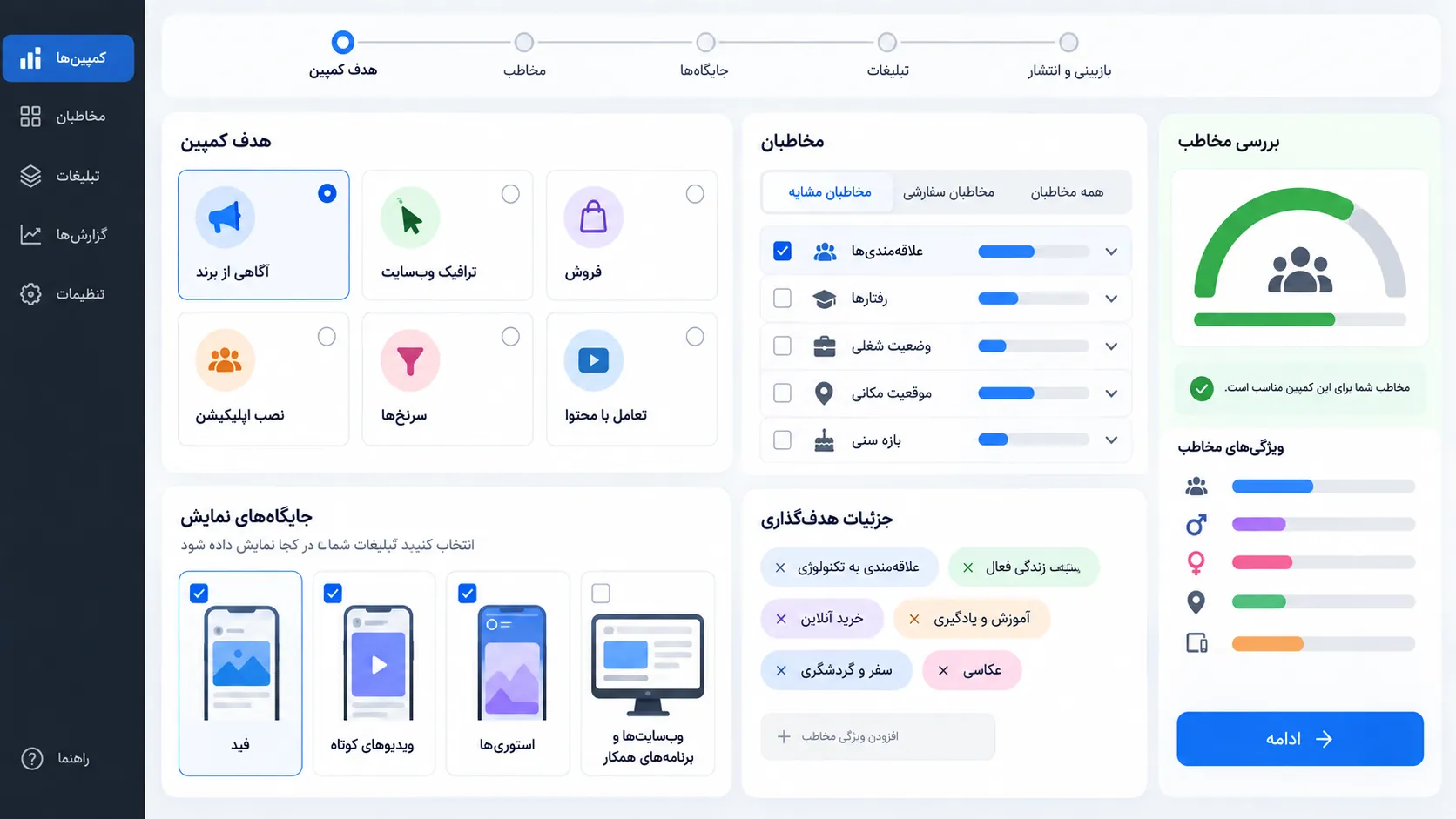 انتخاب مخاطب و جایگاههای نمایش در کمپین متا